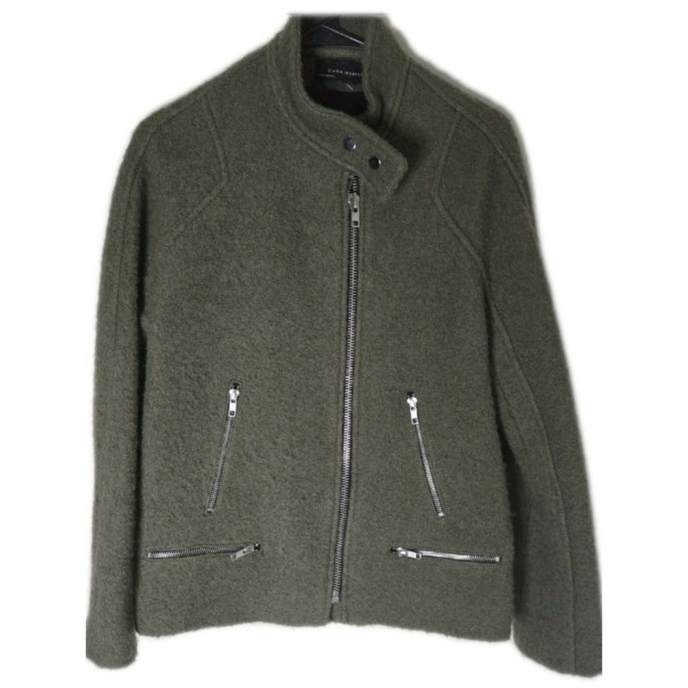 Zara Woman Olive Green Wool Blend‎ Moto Jacket Small Zip Buckle Mock Neck